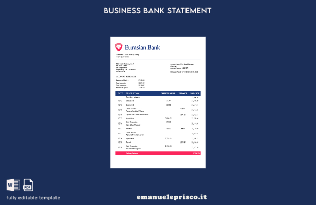 modello di estratto conto aziendale della Banca eurasiatica in stile verificato 